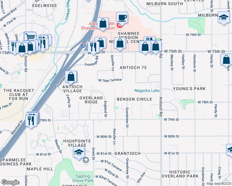 map of restaurants, bars, coffee shops, grocery stores, and more near 9121 West 78th Street in Overland Park