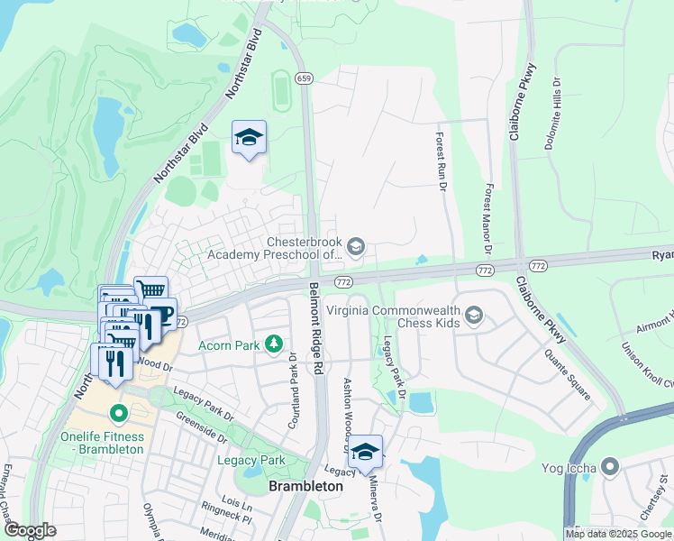 map of restaurants, bars, coffee shops, grocery stores, and more near 22678 Parkland Farms Terrace in Ashburn