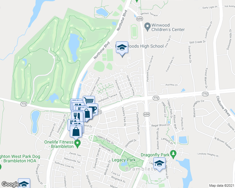 map of restaurants, bars, coffee shops, grocery stores, and more near 42545 Hollyhock Terrace in Brambleton