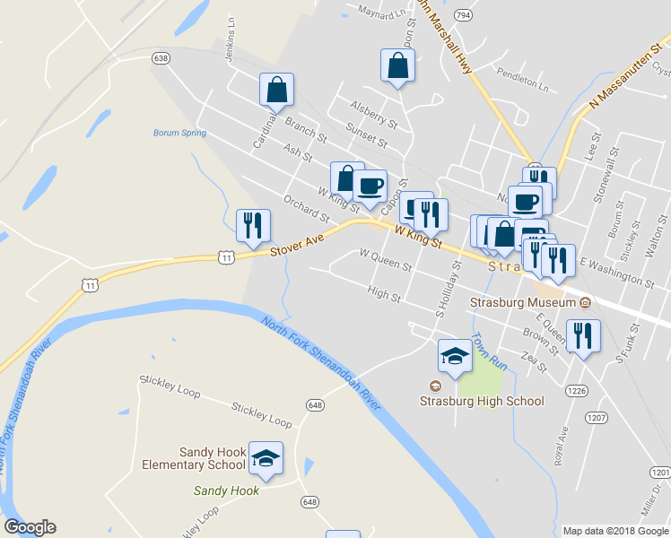 map of restaurants, bars, coffee shops, grocery stores, and more near 390 High Street in Strasburg