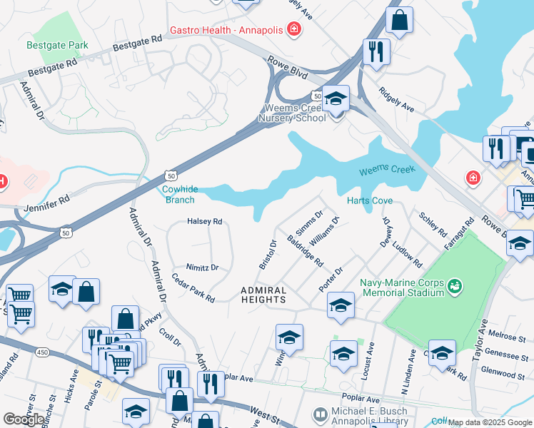map of restaurants, bars, coffee shops, grocery stores, and more near 173 Williams Drive in Annapolis