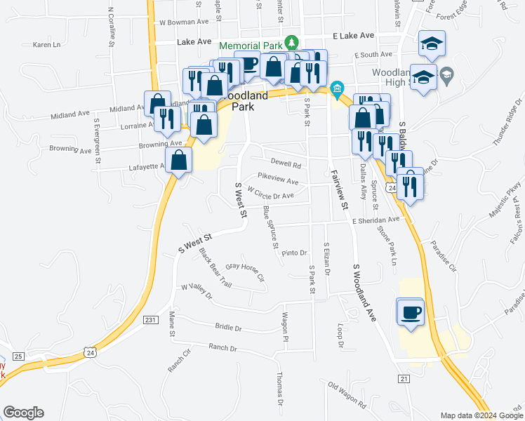 map of restaurants, bars, coffee shops, grocery stores, and more near 303 Pine Ridge Avenue in Woodland Park