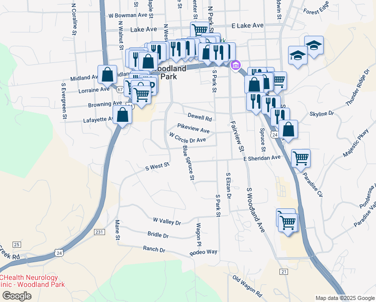 map of restaurants, bars, coffee shops, grocery stores, and more near 610 Blue Spruce Street in Woodland Park