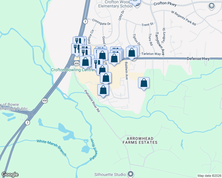 map of restaurants, bars, coffee shops, grocery stores, and more near 2144 Priest Bridge Court in Crofton