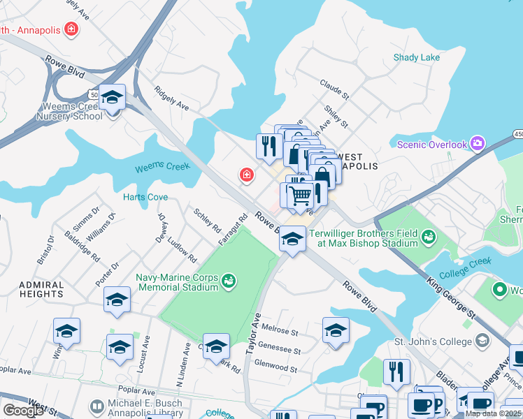 map of restaurants, bars, coffee shops, grocery stores, and more near 111 Forbes Street in Annapolis