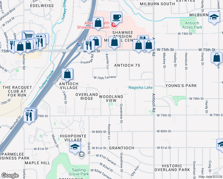 map of restaurants, bars, coffee shops, grocery stores, and more near 9121 West 78th Street in Overland Park