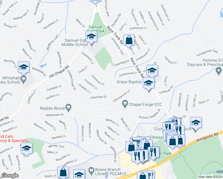 map of restaurants, bars, coffee shops, grocery stores, and more near 12718 Clearfield Drive in Bowie