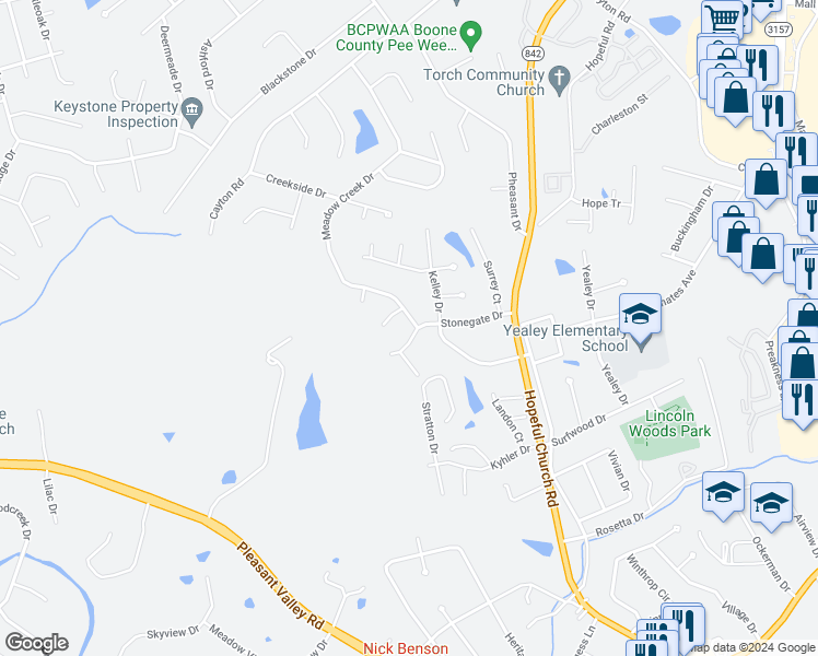 map of restaurants, bars, coffee shops, grocery stores, and more near 44 Meadow Creek Drive in Florence