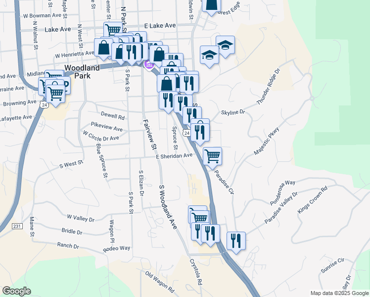 map of restaurants, bars, coffee shops, grocery stores, and more near 409 East Sheridan Avenue in Woodland Park