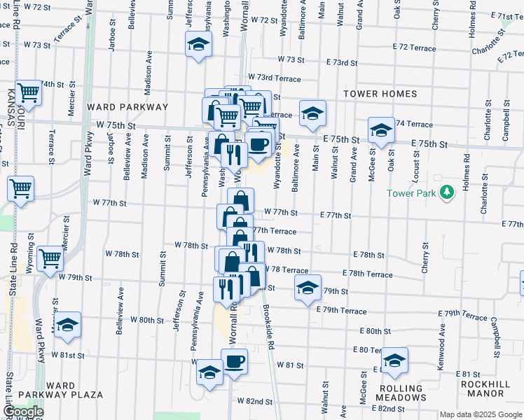 map of restaurants, bars, coffee shops, grocery stores, and more near 220 West 77th Terrace in Kansas City