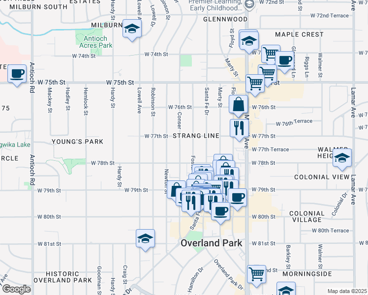 map of restaurants, bars, coffee shops, grocery stores, and more near 7728 Foster Street in Overland Park
