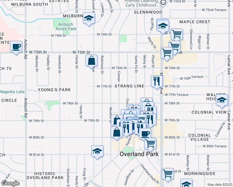 map of restaurants, bars, coffee shops, grocery stores, and more near 7732 Conser in Overland Park