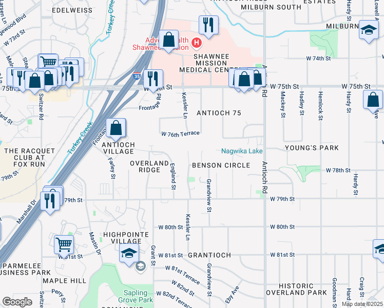 map of restaurants, bars, coffee shops, grocery stores, and more near 9121 West 78th Street in Overland Park