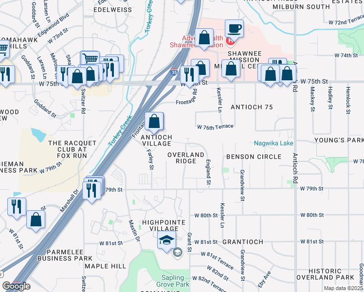 map of restaurants, bars, coffee shops, grocery stores, and more near 7800 Grant Lane in Overland Park