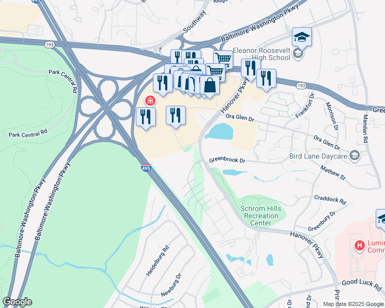 map of restaurants, bars, coffee shops, grocery stores, and more near 7256 Hanover Parkway in Greenbelt