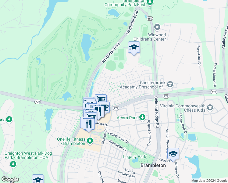map of restaurants, bars, coffee shops, grocery stores, and more near 42492 Mayflower Te in Ashburn