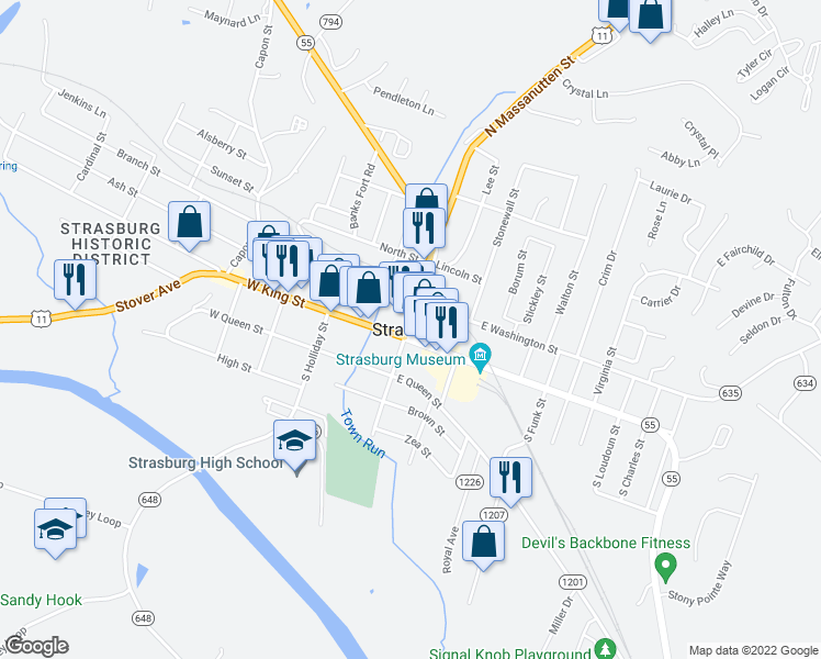 map of restaurants, bars, coffee shops, grocery stores, and more near 130 North Massanutten Street in Strasburg