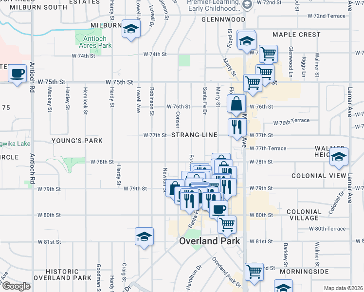 map of restaurants, bars, coffee shops, grocery stores, and more near 7728 Foster Street in Overland Park