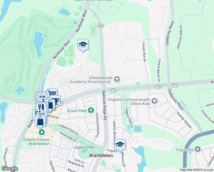 map of restaurants, bars, coffee shops, grocery stores, and more near 22716 Parkland Farms Terrace in Ashburn