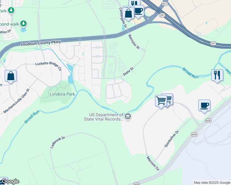 map of restaurants, bars, coffee shops, grocery stores, and more near 22696 Ashley Inn Terrace in Ashburn