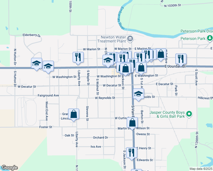 map of restaurants, bars, coffee shops, grocery stores, and more near 301 South Church Street in Newton