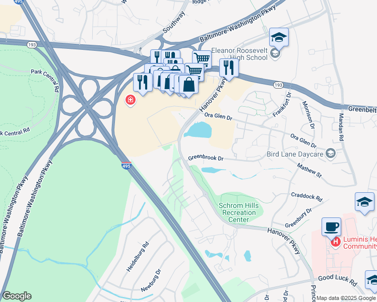 map of restaurants, bars, coffee shops, grocery stores, and more near 7203 Hanover Parkway in Greenbelt