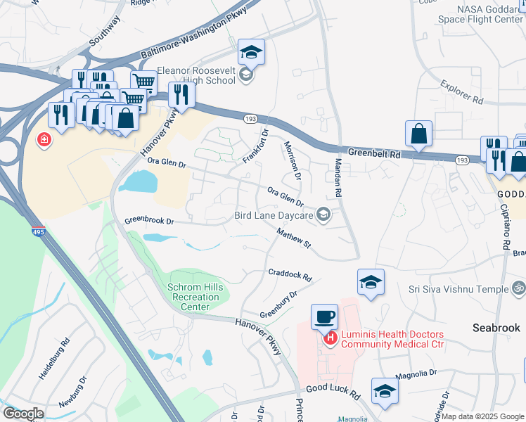 map of restaurants, bars, coffee shops, grocery stores, and more near 8001 Brett Place in Greenbelt