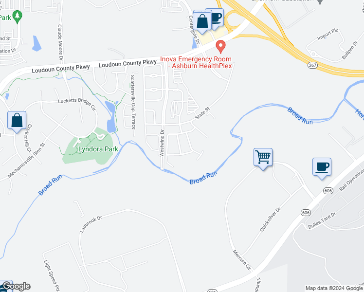 map of restaurants, bars, coffee shops, grocery stores, and more near 22696 Ashley Inn Terrace in Ashburn