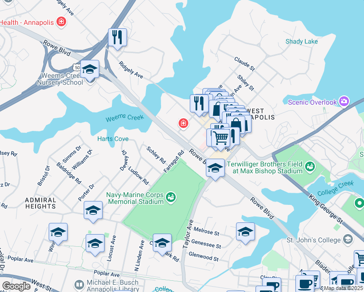 map of restaurants, bars, coffee shops, grocery stores, and more near 313 Rogers Heights Road in Annapolis