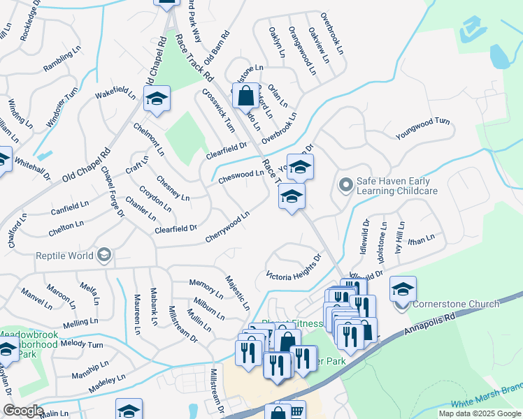 map of restaurants, bars, coffee shops, grocery stores, and more near 12909 Cherrywood Lane in Bowie