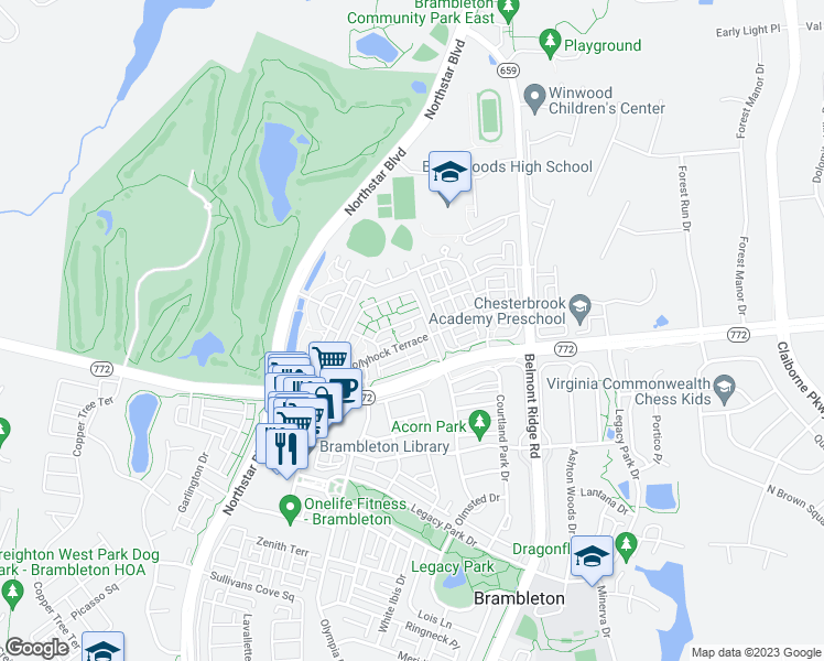 map of restaurants, bars, coffee shops, grocery stores, and more near Thimbleberry Square in Brambleton