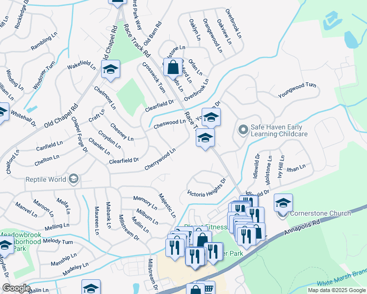 map of restaurants, bars, coffee shops, grocery stores, and more near 12909 Cherrywood Lane in Bowie