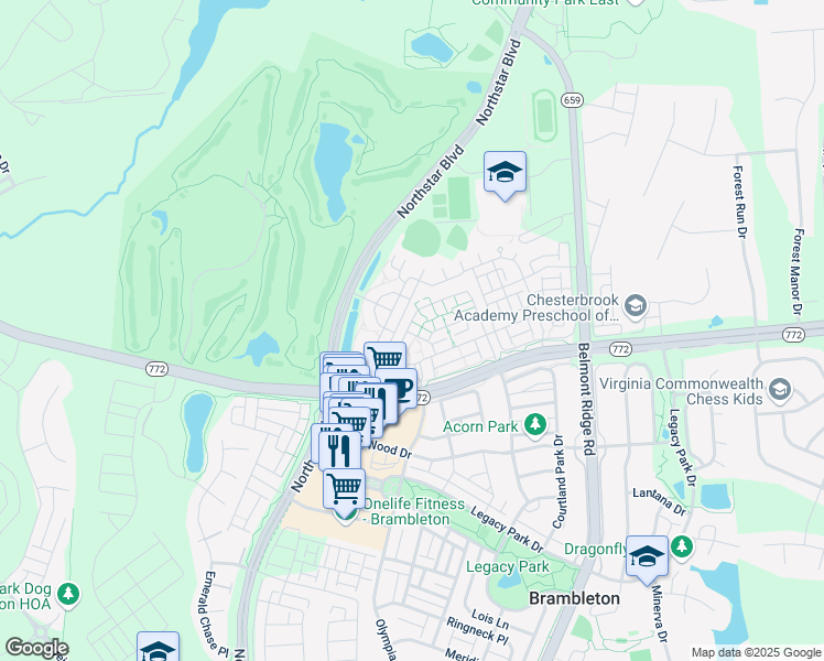 map of restaurants, bars, coffee shops, grocery stores, and more near 22611 Blue Elder Terrace in Ashburn