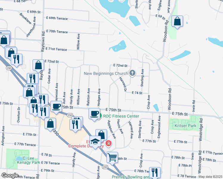 map of restaurants, bars, coffee shops, grocery stores, and more near 7301 Harris Avenue in Raytown