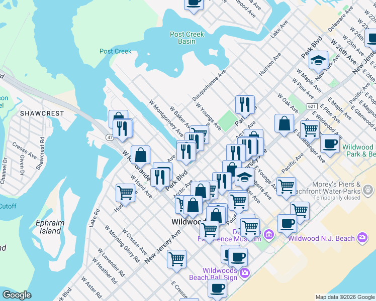 map of restaurants, bars, coffee shops, grocery stores, and more near 4312 Hudson Avenue in Wildwood