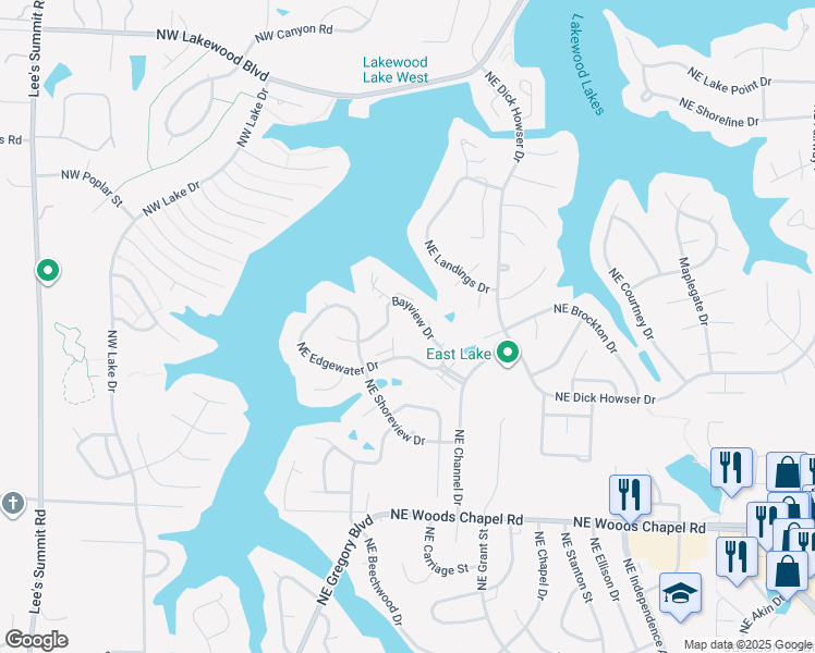 map of restaurants, bars, coffee shops, grocery stores, and more near 244 Northeast Bayview Drive in Lee's Summit