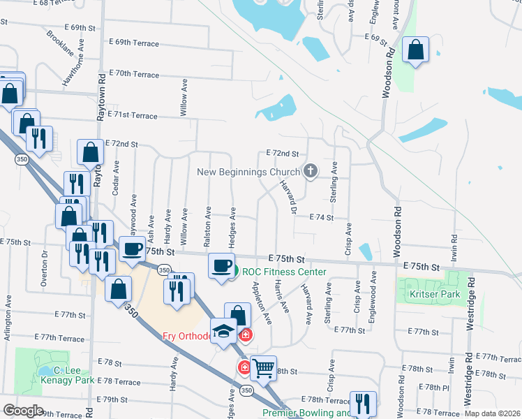 map of restaurants, bars, coffee shops, grocery stores, and more near 7301 Harris Avenue in Raytown