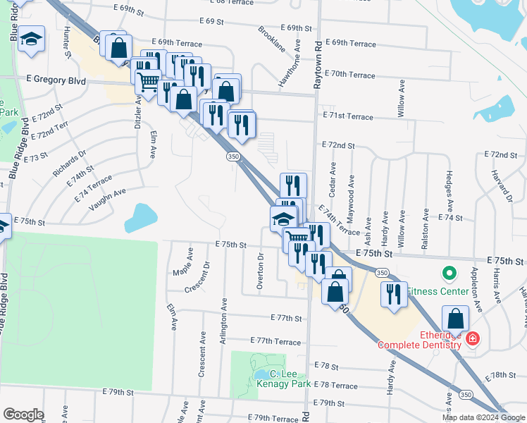 map of restaurants, bars, coffee shops, grocery stores, and more near 9703M East State Route 350 in Raytown