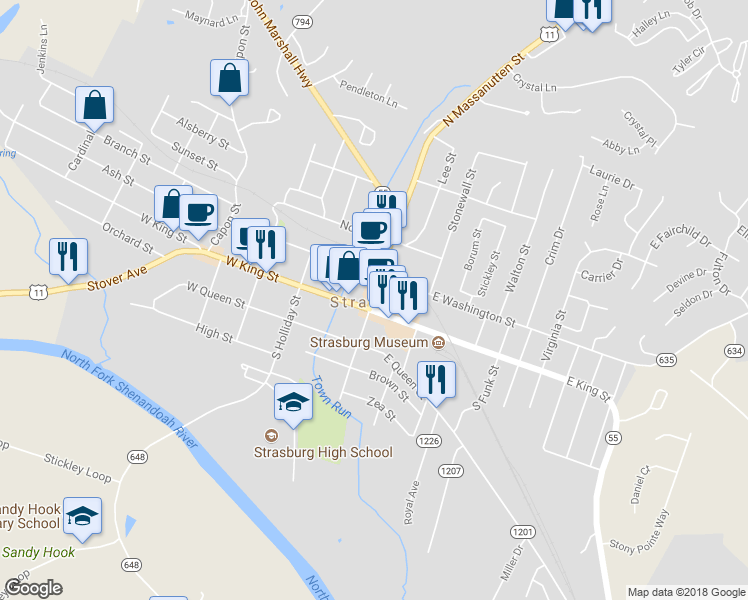 map of restaurants, bars, coffee shops, grocery stores, and more near 132 North Massanutten Street in Strasburg
