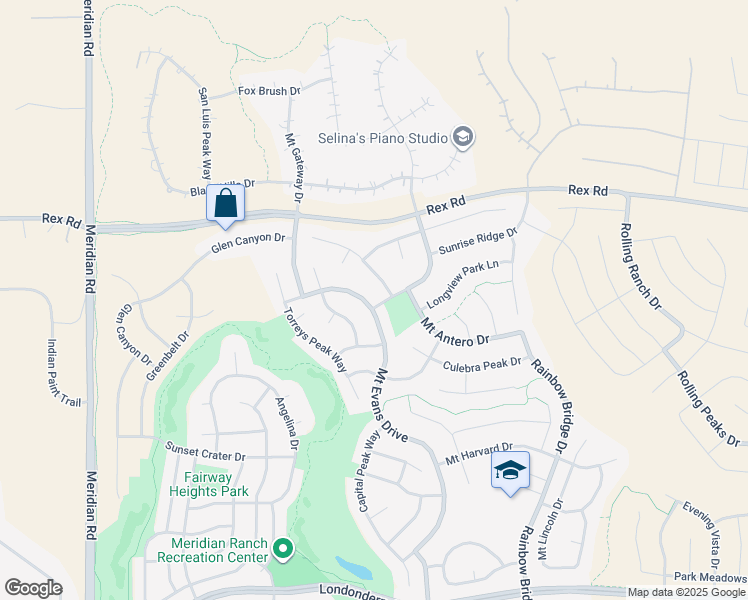 map of restaurants, bars, coffee shops, grocery stores, and more near 10917 Mount Evans Drive in Peyton
