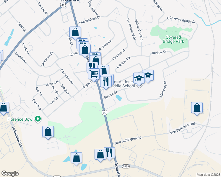map of restaurants, bars, coffee shops, grocery stores, and more near 7134 Manderlay Drive in Florence