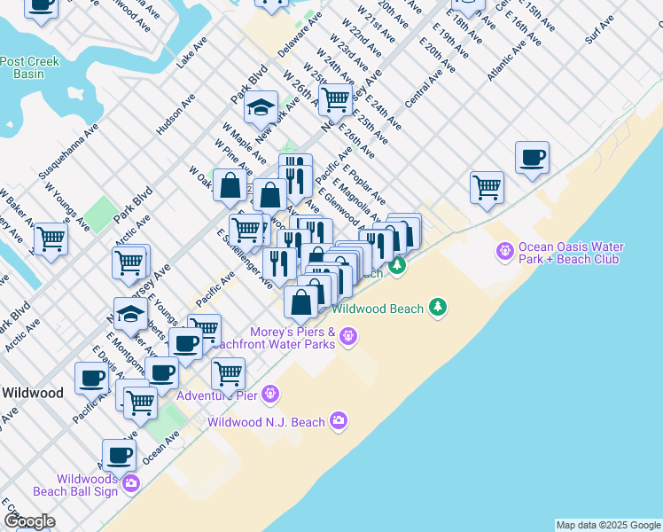 map of restaurants, bars, coffee shops, grocery stores, and more near 309 East Wildwood Avenue in Wildwood