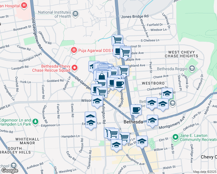 map of restaurants, bars, coffee shops, grocery stores, and more near 7940 Norfolk Avenue in Bethesda
