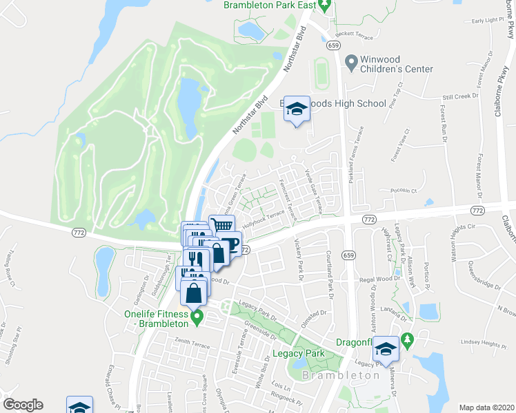 map of restaurants, bars, coffee shops, grocery stores, and more near 42520 Mayflower Terrace in Brambleton
