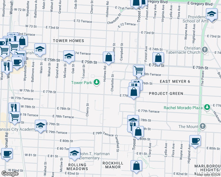 map of restaurants, bars, coffee shops, grocery stores, and more near 7612 Charlotte Street in Kansas City