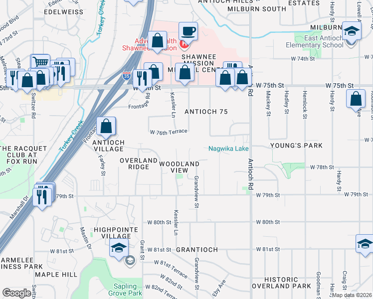 map of restaurants, bars, coffee shops, grocery stores, and more near 9107 West 76th Terrace in Overland Park