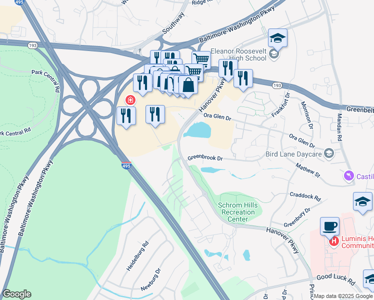 map of restaurants, bars, coffee shops, grocery stores, and more near 7203 Hanover Parkway in Greenbelt