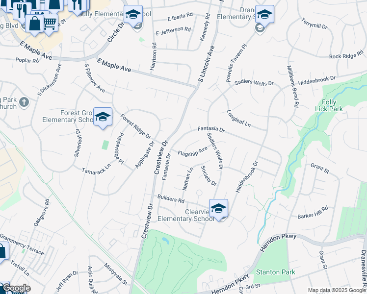 map of restaurants, bars, coffee shops, grocery stores, and more near 1614 Lefrak Court in Herndon