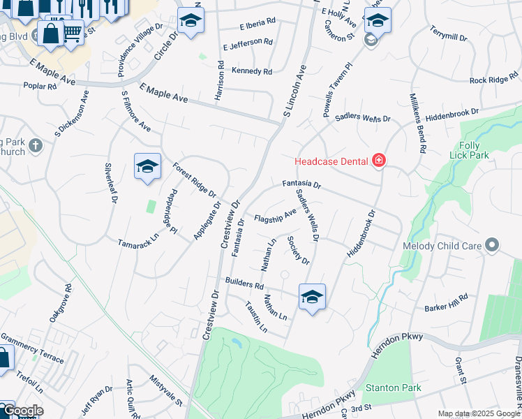 map of restaurants, bars, coffee shops, grocery stores, and more near 1614 Lefrak Court in Herndon