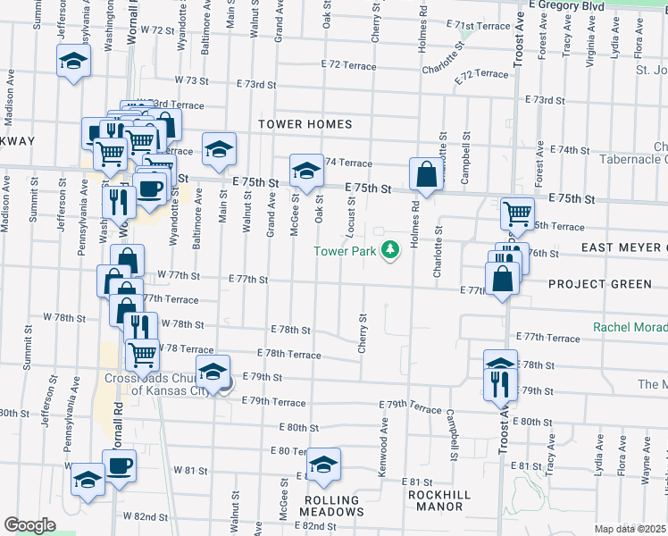 map of restaurants, bars, coffee shops, grocery stores, and more near 7612 Locust Street in Kansas City